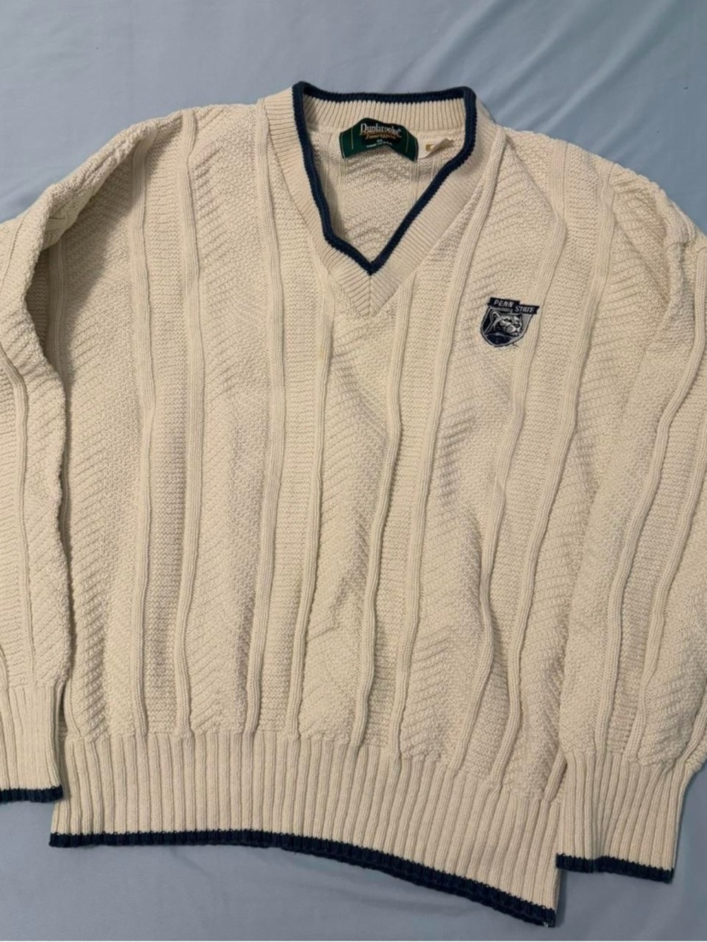 Dunbrooke Cream Cable Knit V-Neck Sweater with Navy Trim